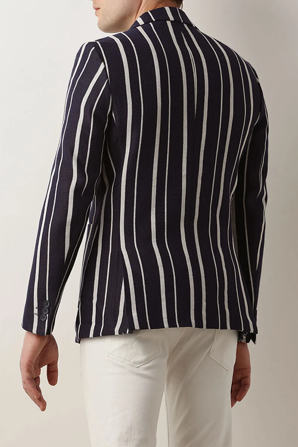 Navy Blue Striped Casual Blazer