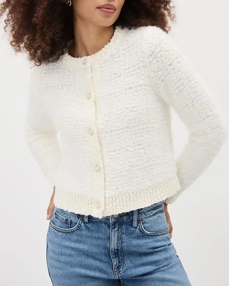 Long-Sleeve Feather-Yarn Short Cardigan