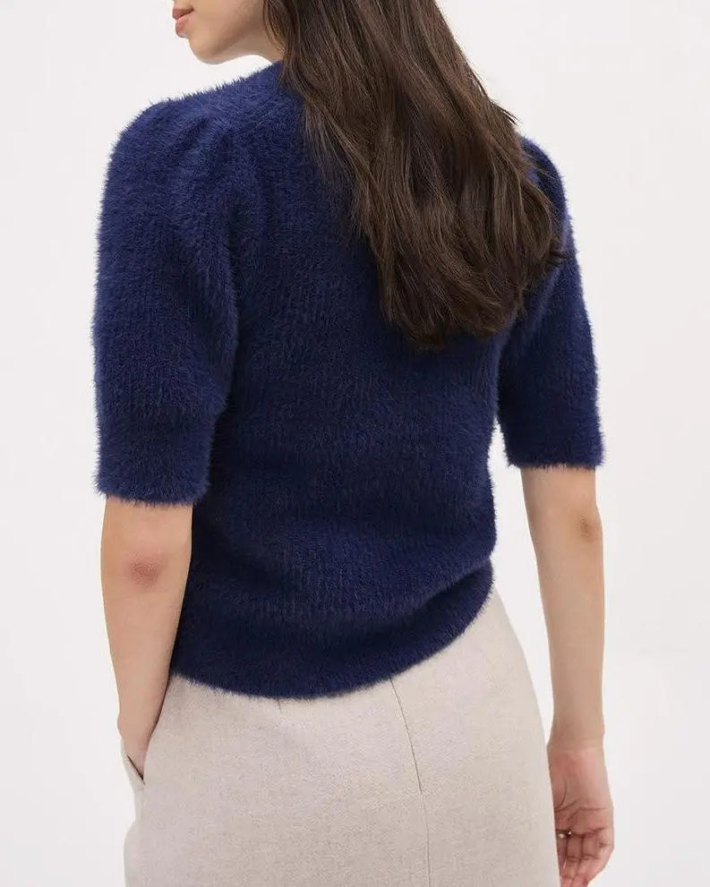 Elbow-Sleeve Mock-Neck Feather-Yarn Pullover