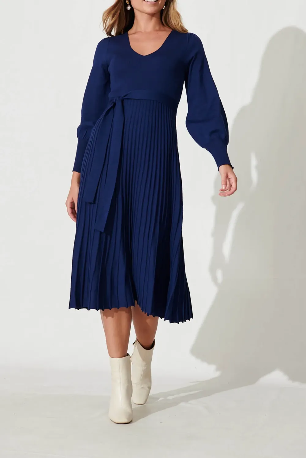 Navy Blue Belted Knit Midi Dress