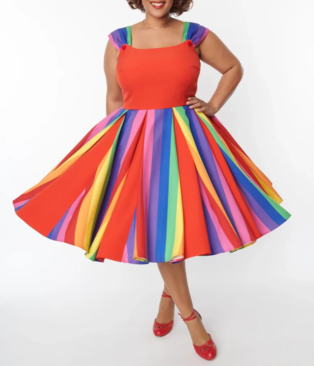 Unique Vintage Plus Size Red & Rainbow Stripe Swing Dress