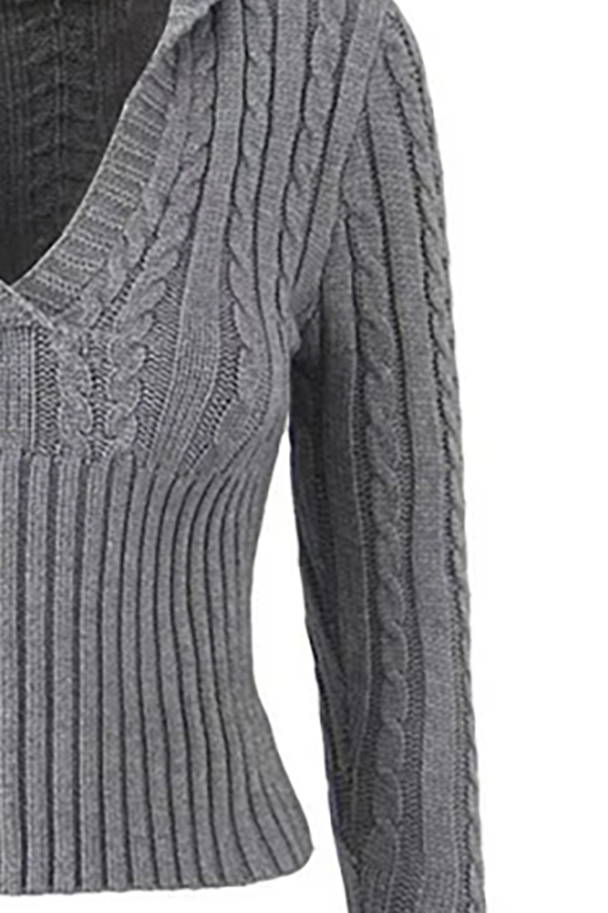 Preppy Style Hooded V Neck Long Sleeve Cable Ribbed Knit Crop Sweater