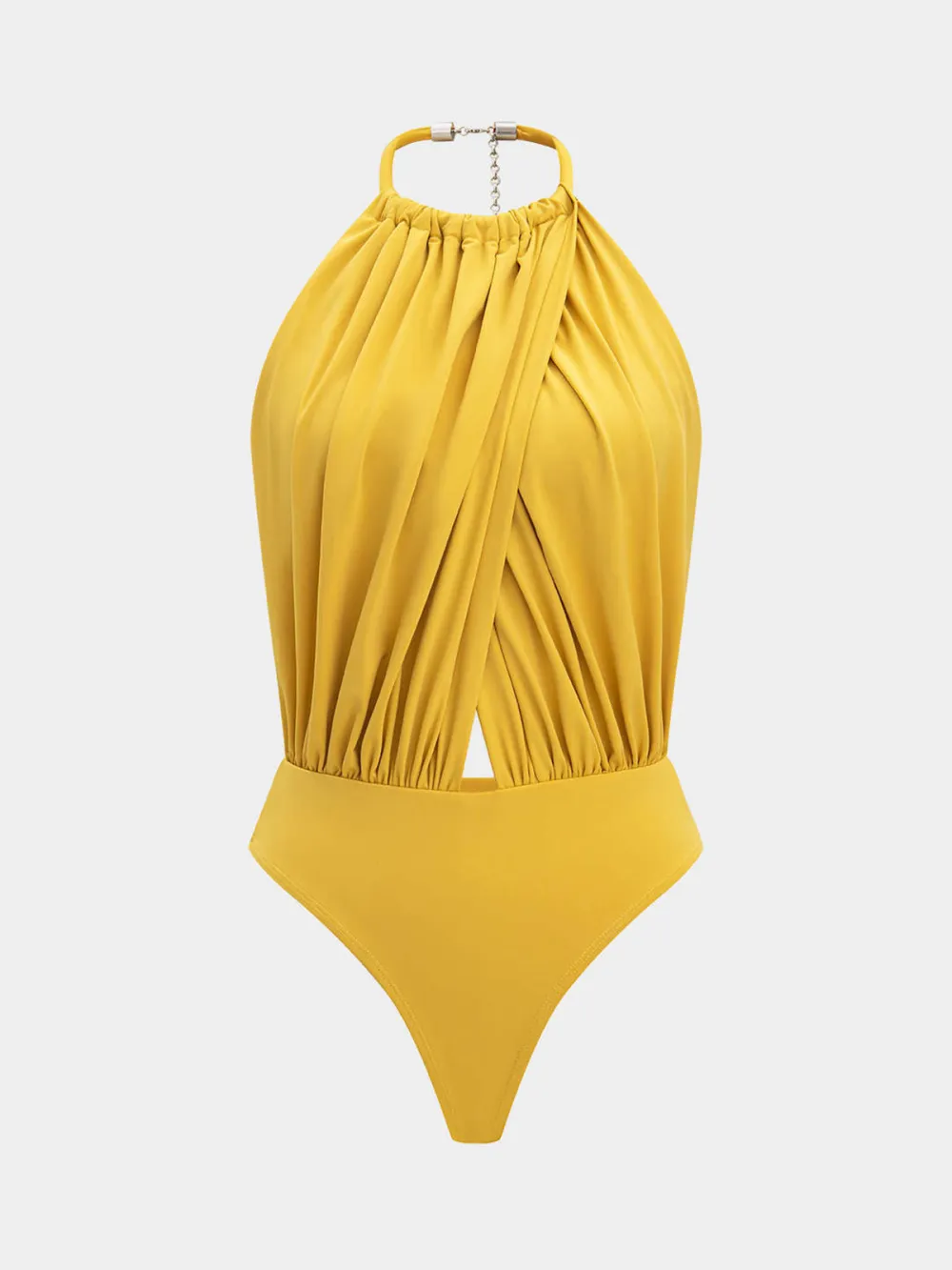 Ruched Backless Plain Sleeveless Bodysuit