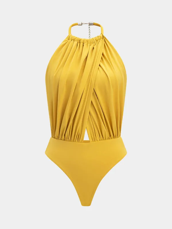 Ruched Backless Plain Sleeveless Bodysuit