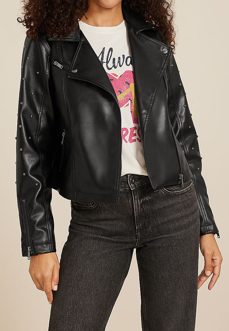 Black Faux Leather Studded Moto Jacket