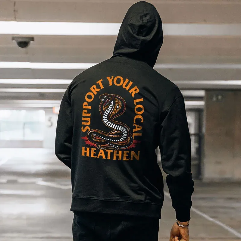 SUPPORT YOUR LOCAL HEATHEN Fierce Snake Black Print Hoodie