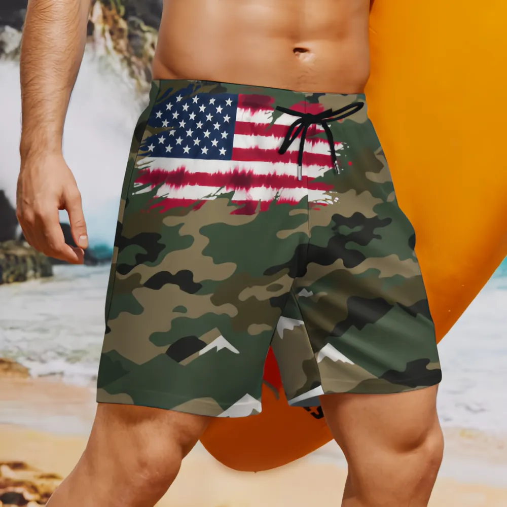 Flag Camouflage Sports Beach Shorts In The Upper Right Corner