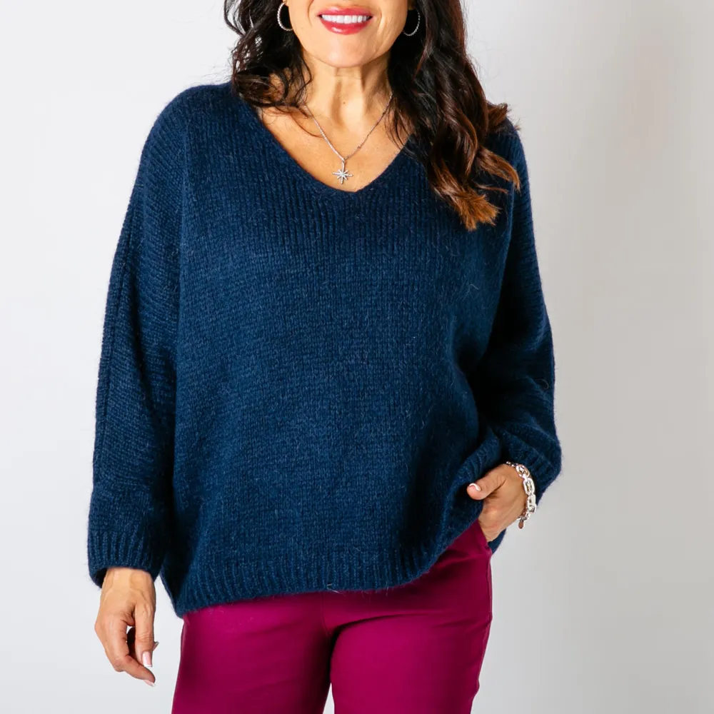 Navy Mohair V-Neck Jumper