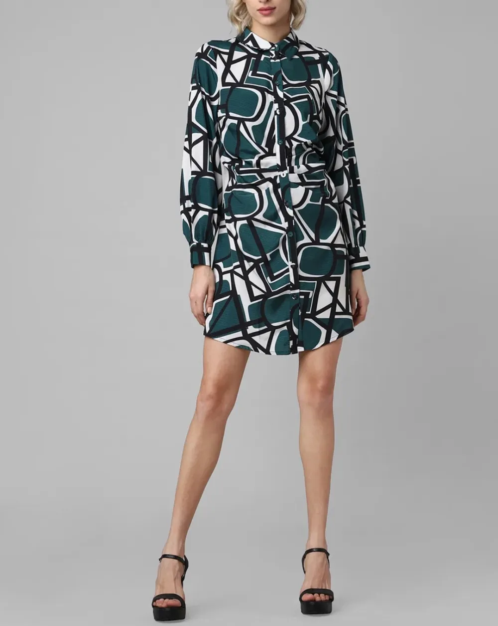 Green Abstract Print Shirt Dress