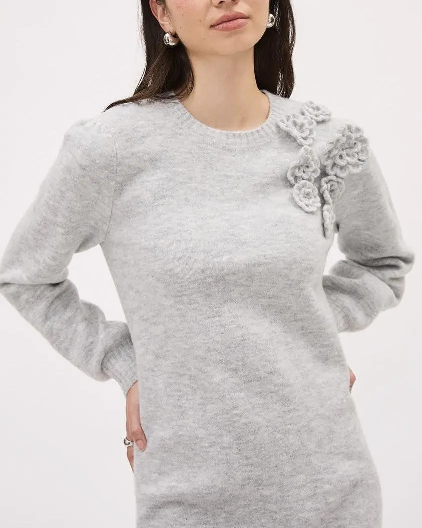 Long-Sleeve Crew-Neck Mini Dress With Flower Applique