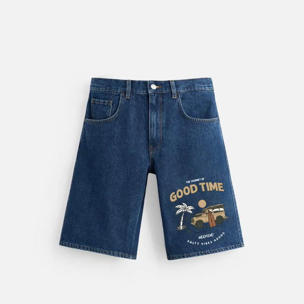 Good Time Weekend Salty Vibes Goods Printed Denim Shorts