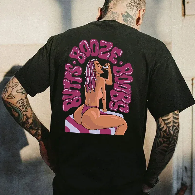 BUTTS BOOZE BOOBS Sexy Lady Casual Black Print Men's T-shirt