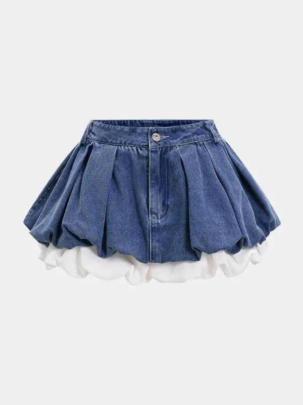 Patchwork Denim Shorts With Lace Belted