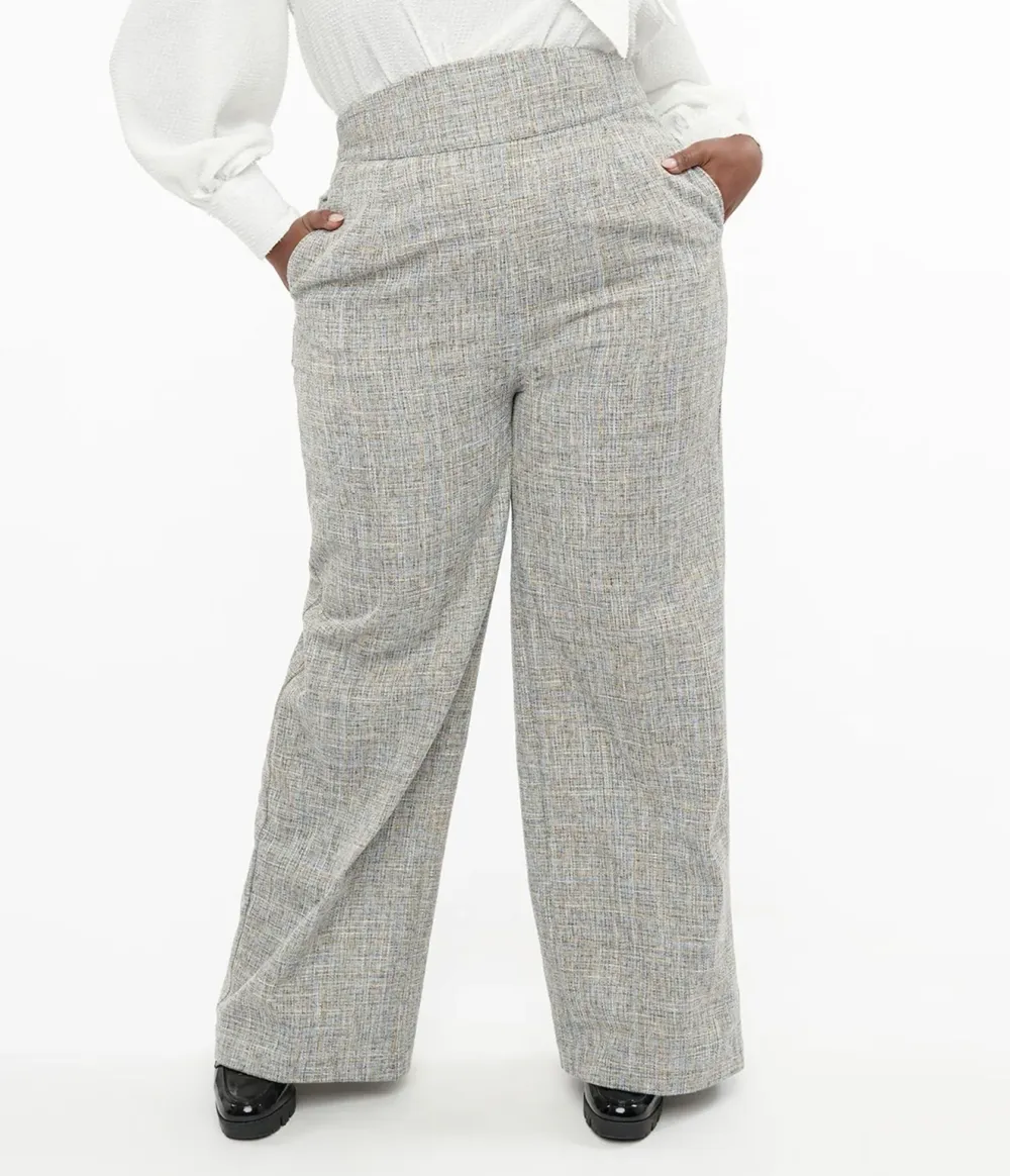 Unique Vintage Plus Size 1940s Beige & Baby Blue Tweed High Waist Pants