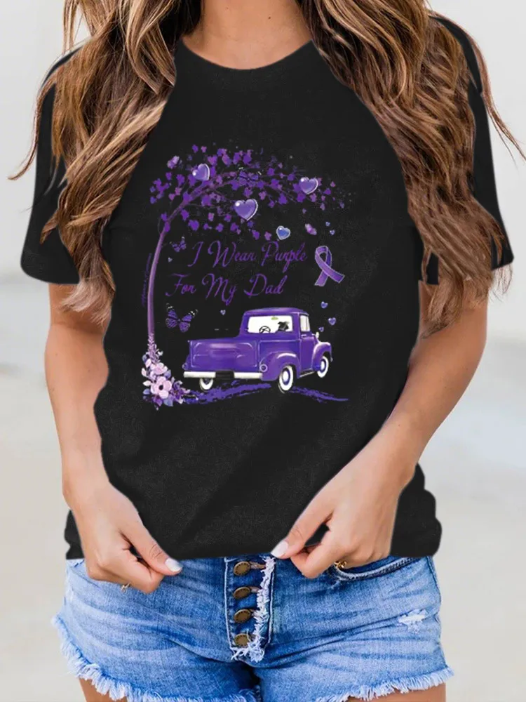 Women'S I Wear Purple For My Dad Round-Neck T-Shirt