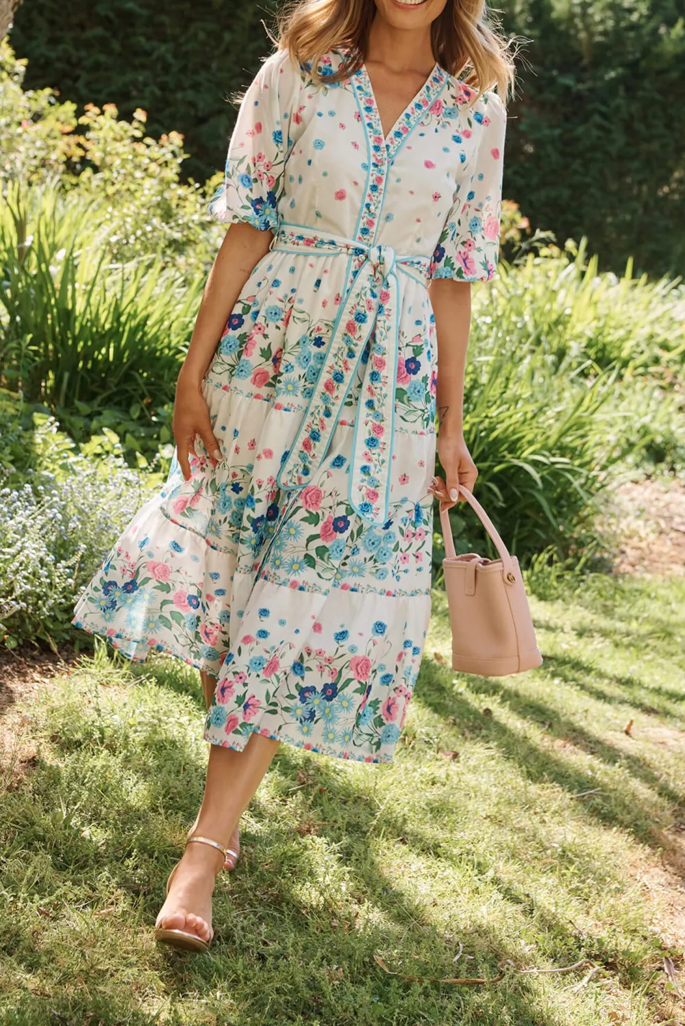 White Floral Print Tiered Midi Dress