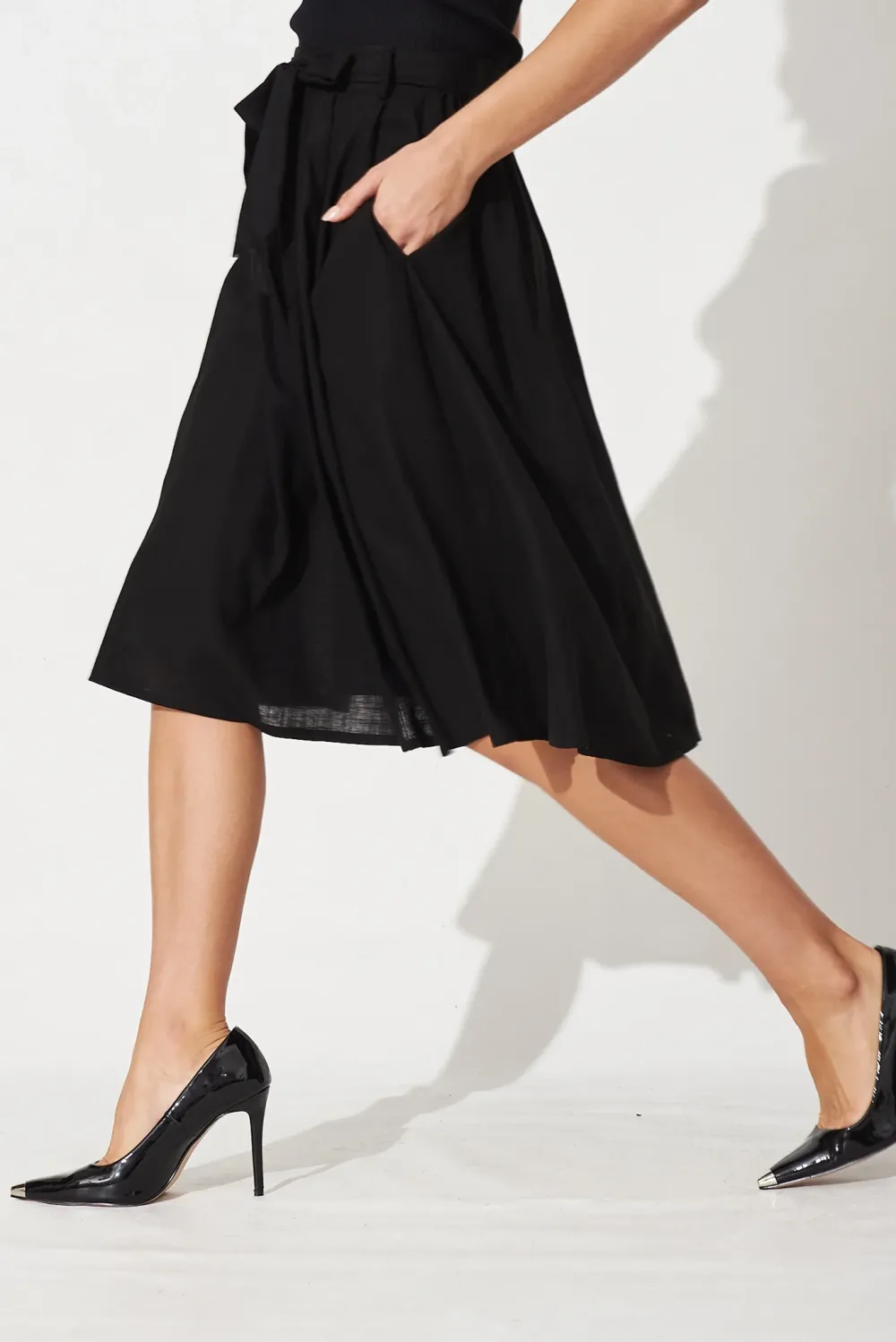 Black Belted Flowy Midi Skirt