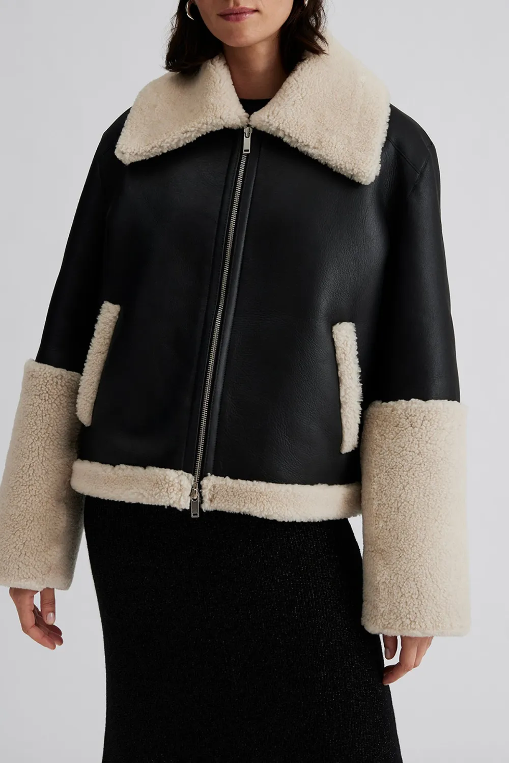 Faux Shearling Collar Leather Jacket