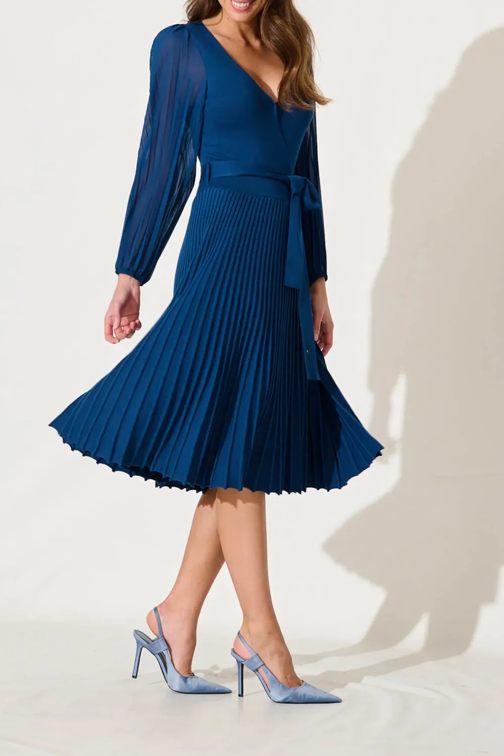 Blue Wrap Style Pleated Knit Dress