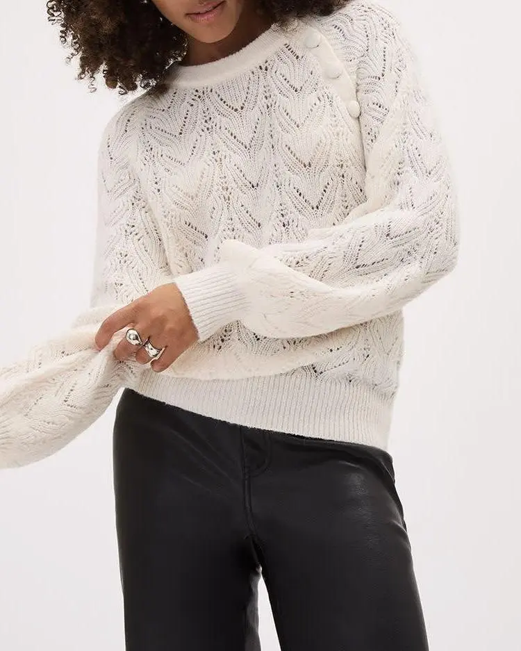 Long-Sleeve Crew-Neck Sweater with Buttons at Shoulder