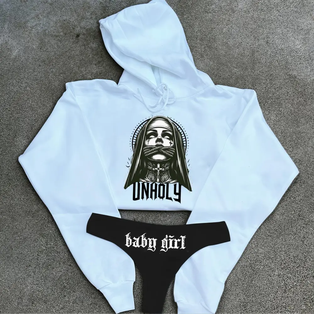 Unholy Nun Printed Women's Cropped Hoodie & Thong Sets