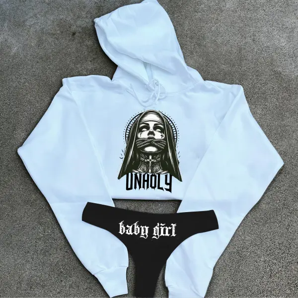 Unholy Nun Printed Women's Cropped Hoodie & Thong Sets