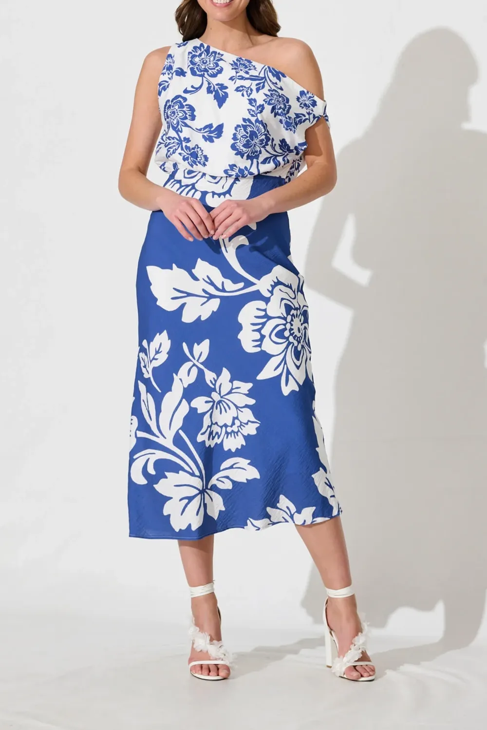 Blue White Patterned One Shoulder Maxi Dress