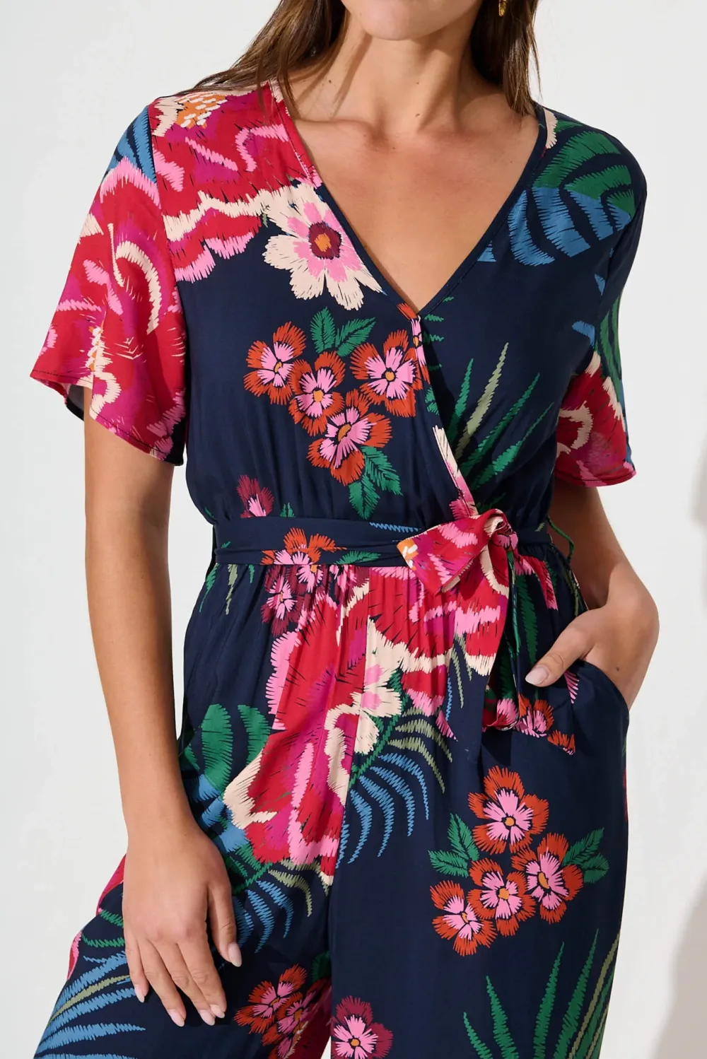 Navy Blue Floral Print Wrap Style Jumpsuit