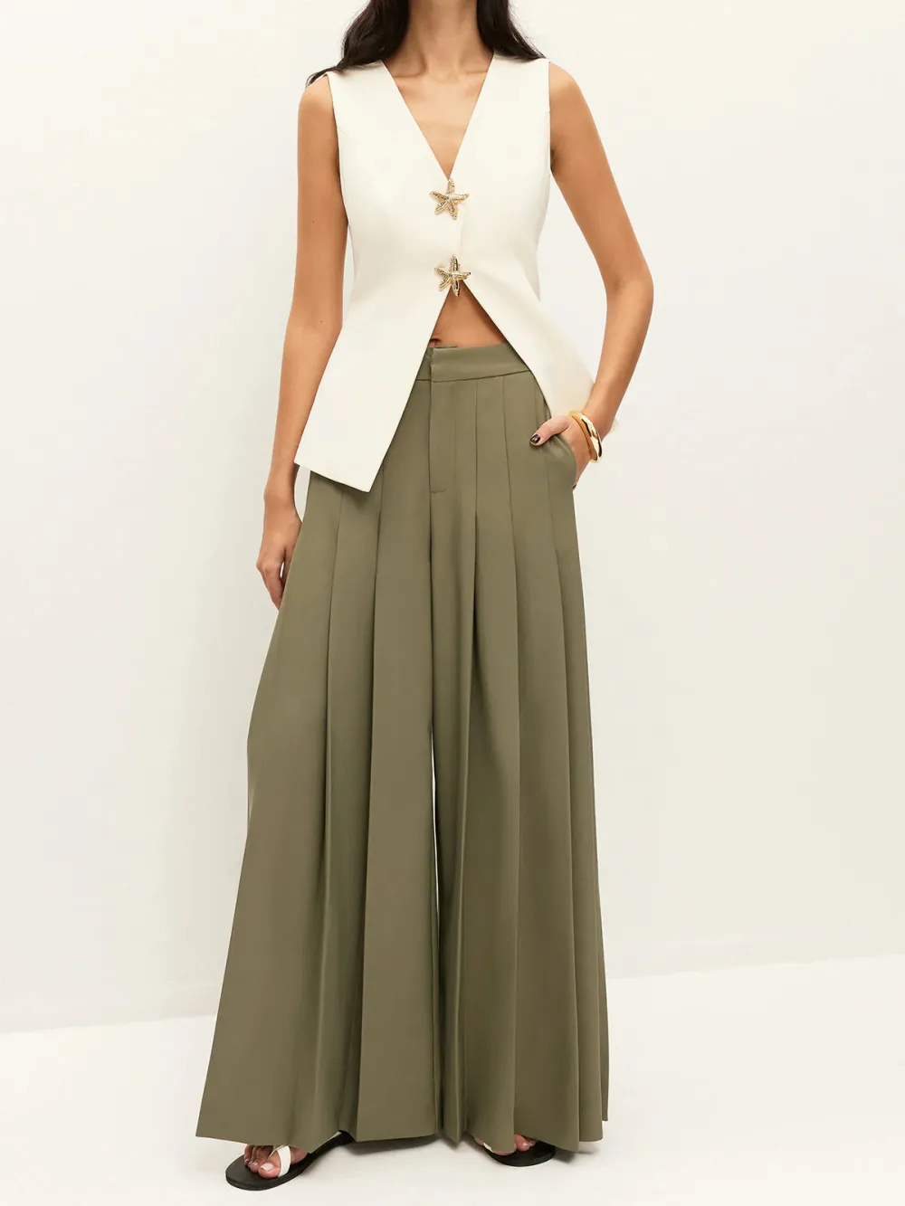 Pleated Wide-Leg Mid-Waist Pants