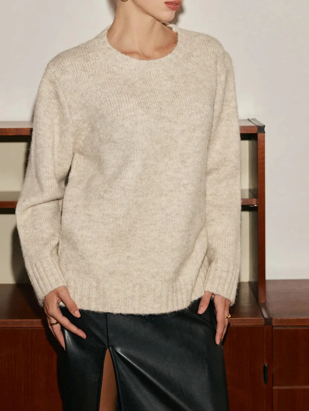 Plain Round Neck Sweater With Detachable Scarf