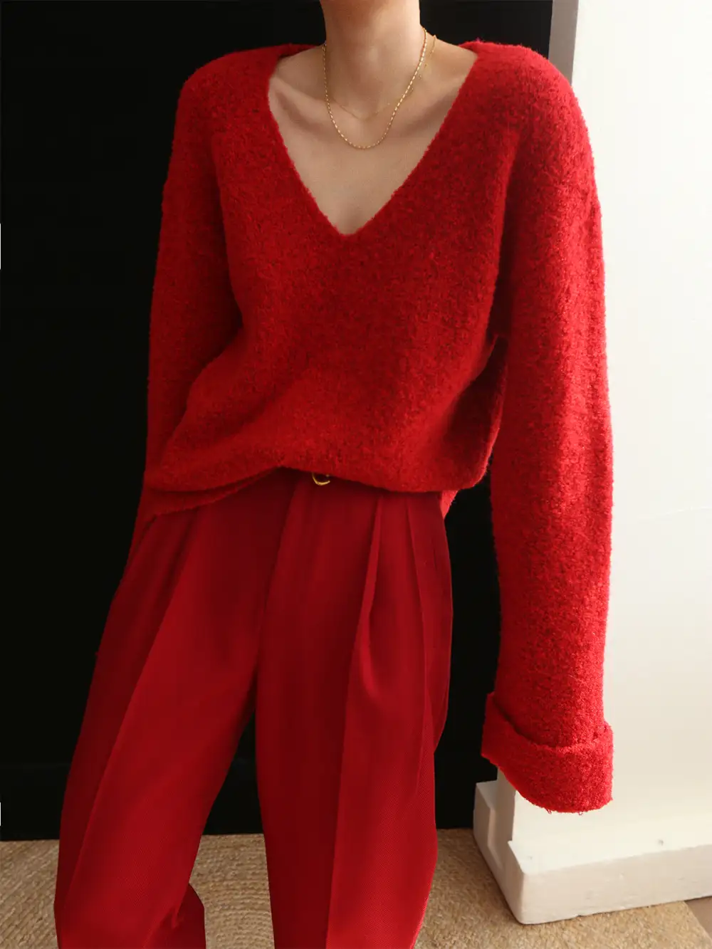 Plain V-Neck Drop Shoulder Long Sleeve Sweater