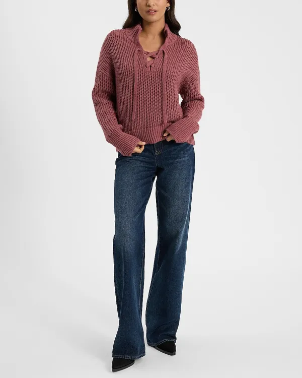 Easy Stitched Lace Up Mock Neck Sweater