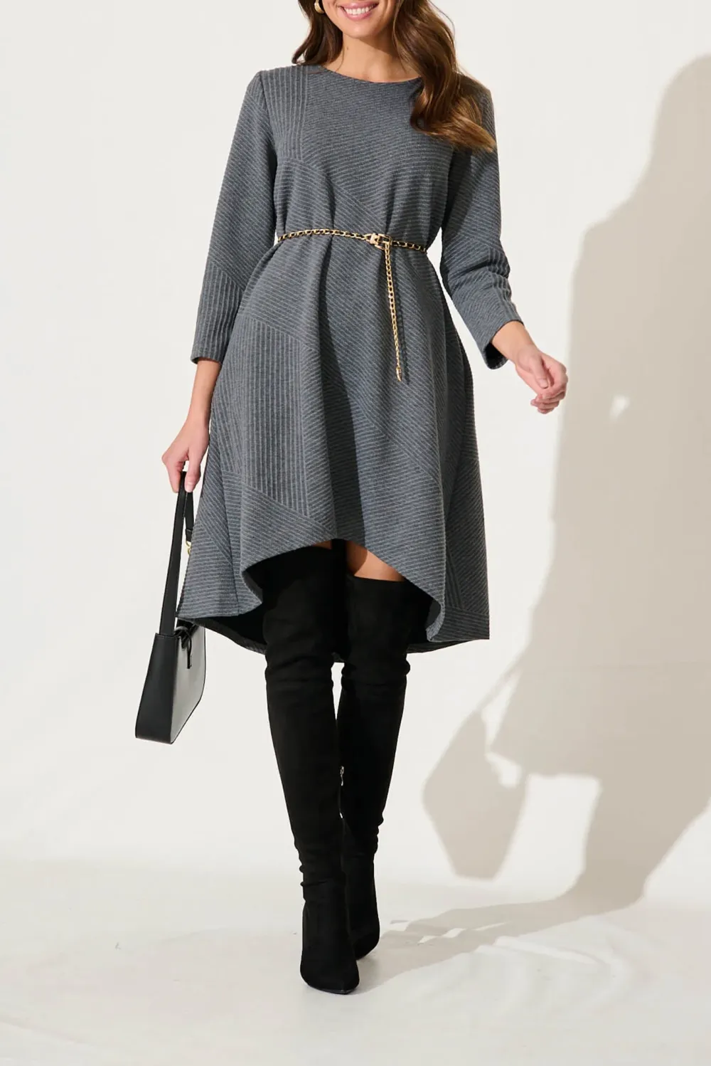 Gray Asymmetric Belted Knit Dress