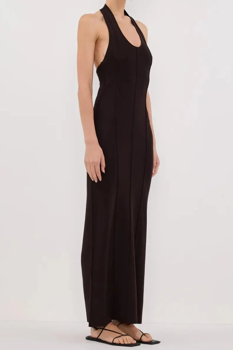 LISS BITTER CHOC HALTER KNIT MAXI DRESS