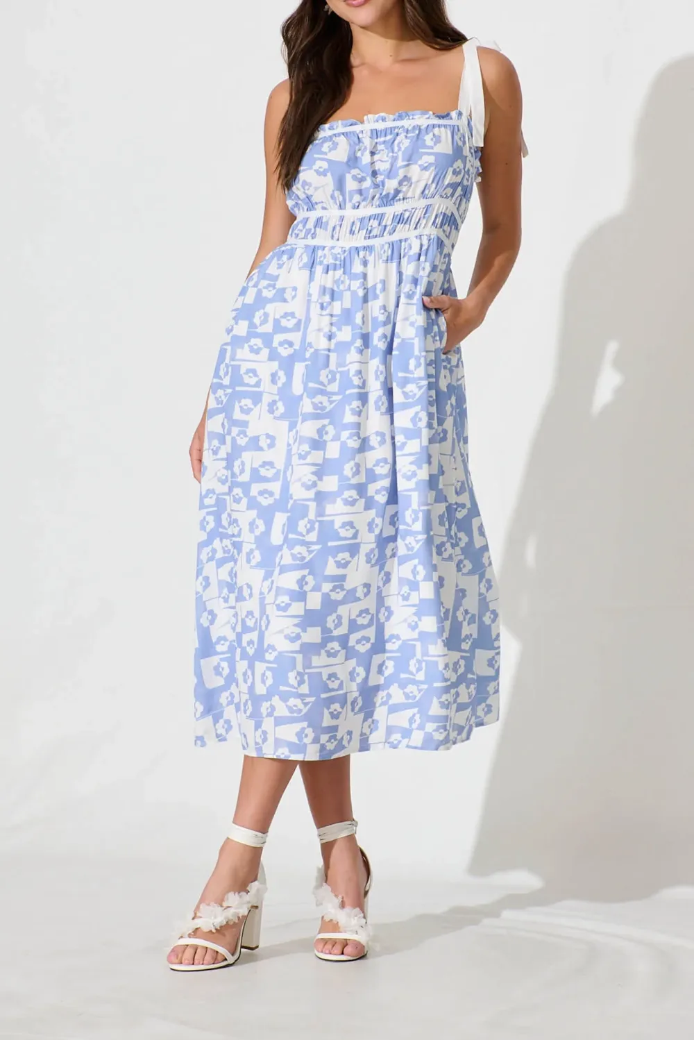 Light Blue Patterned Strapless Maxi Dress