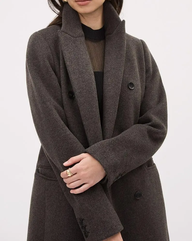 Double-Breasted Long Wool Coat - Dark Funghi