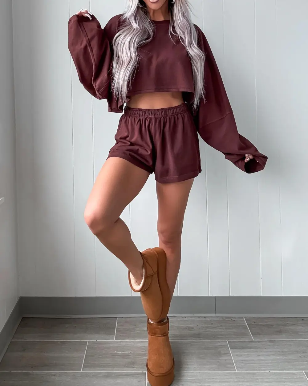 Lounge Luxe Terry Cloth Cropped Short Set - Brown