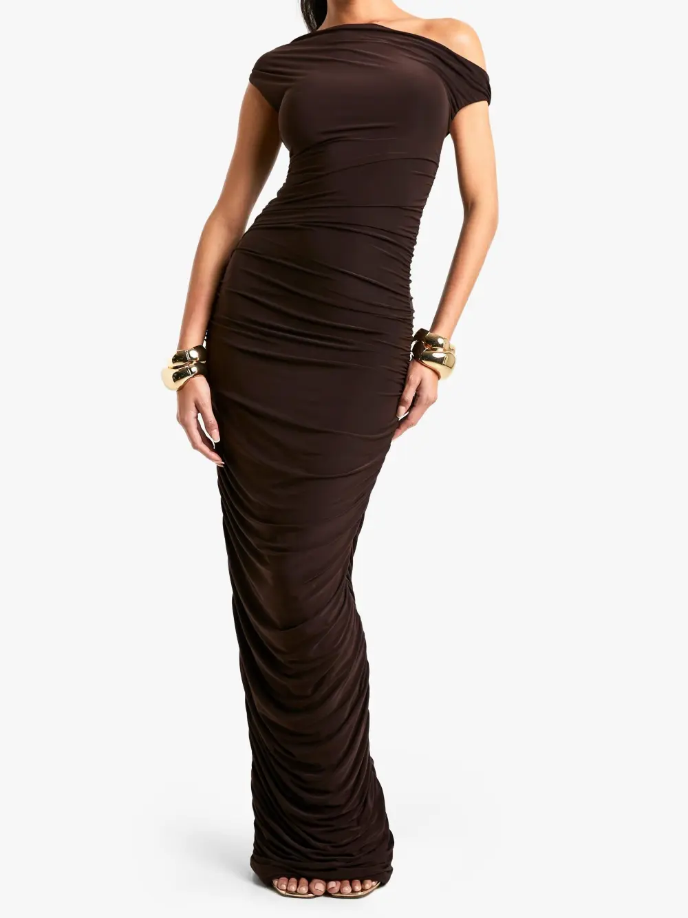 ONE SHOULDER ASYMMETRIC RUCHED MAXI DRESS