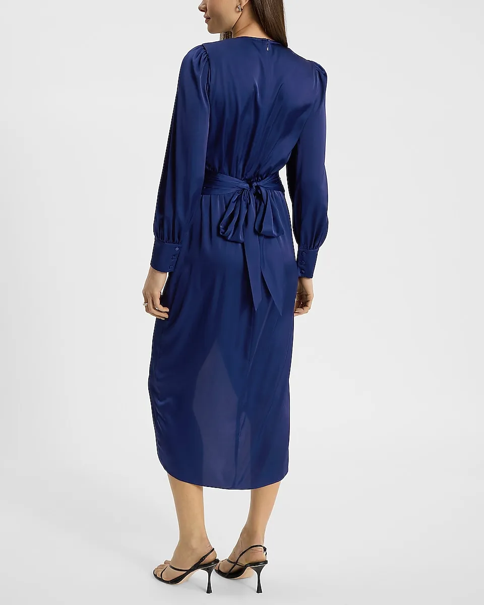 Satin Long Sleeve Surplice Midi Dress