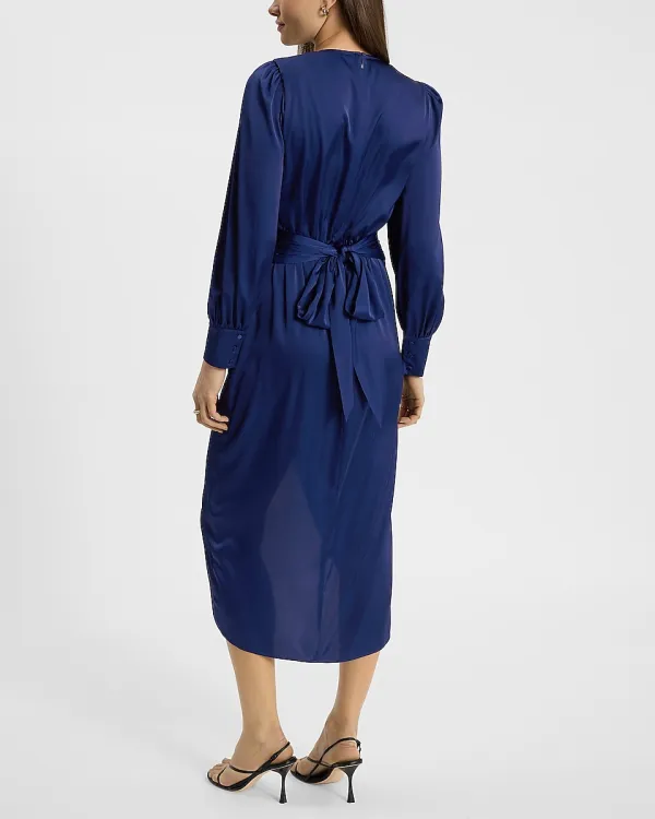 Satin Long Sleeve Surplice Midi Dress