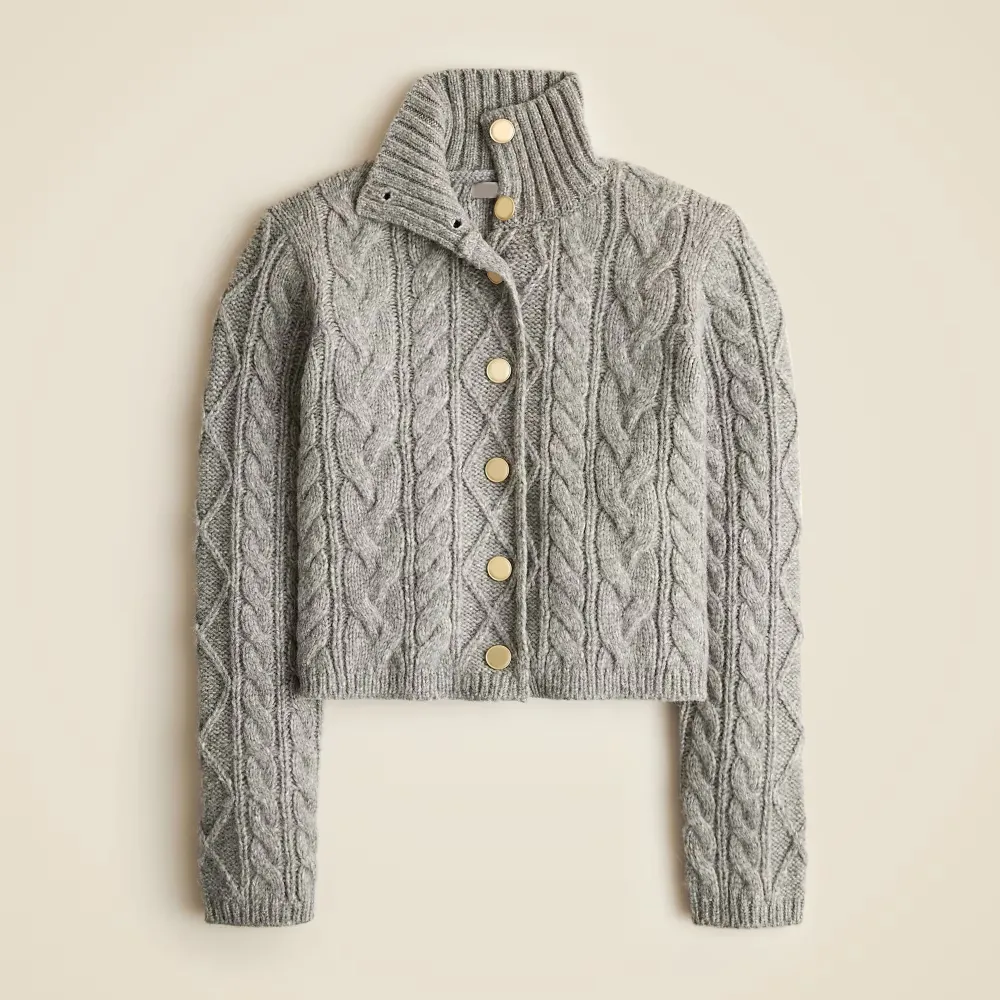 Cable-knit turtleneck cardigan sweater