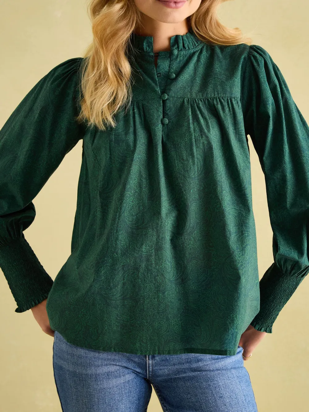 Green Paisley Cotton Frill Neck Blouse