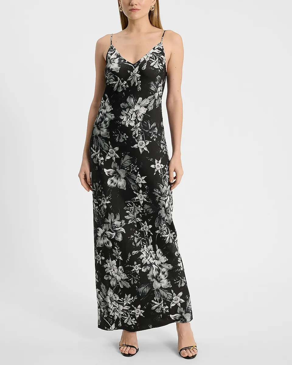 Floral Satin V-Neck Maxi Downtown Cami Slip Dress