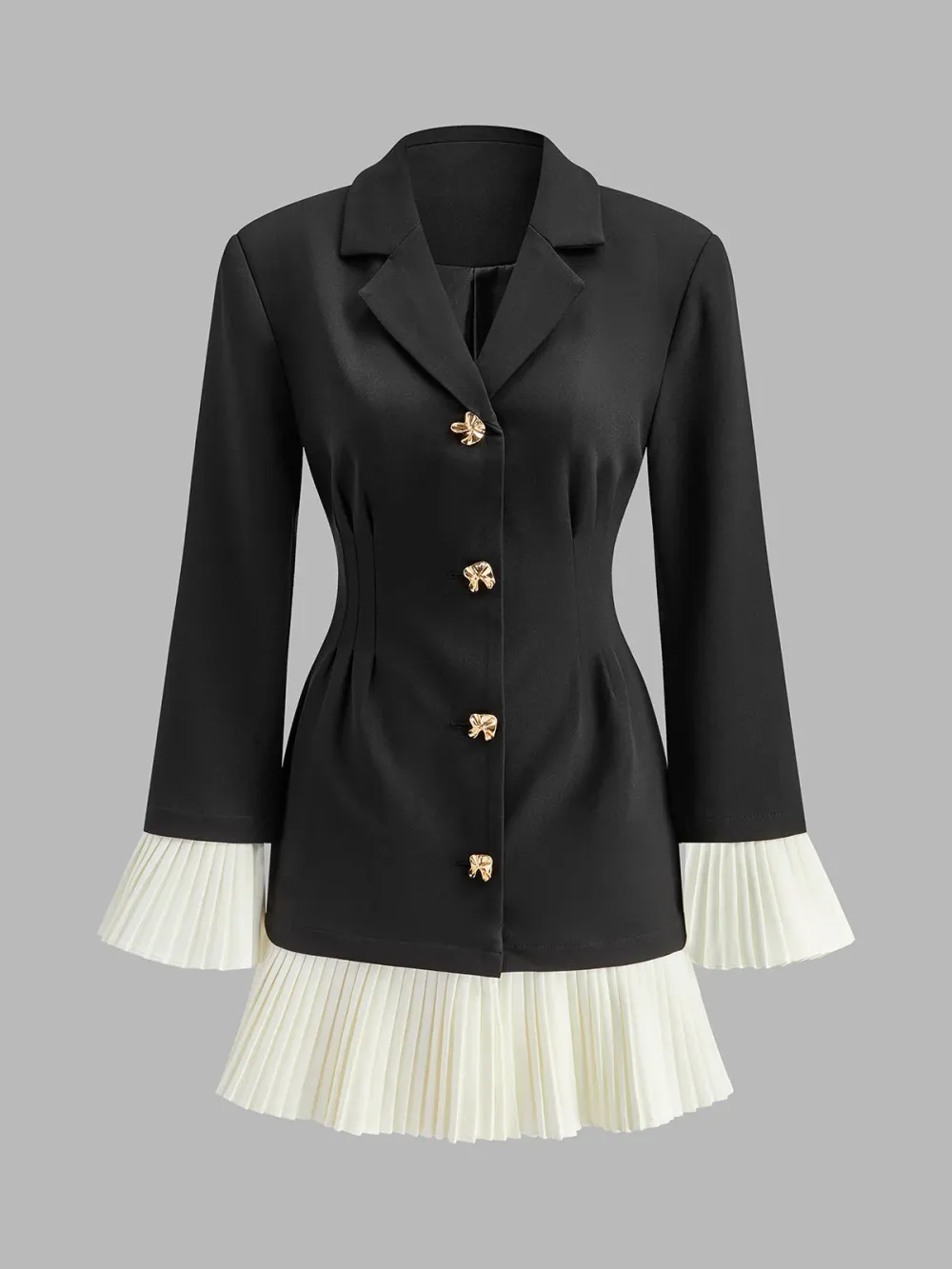 Pleated Detail Metal Button Long Sleeve Dress
