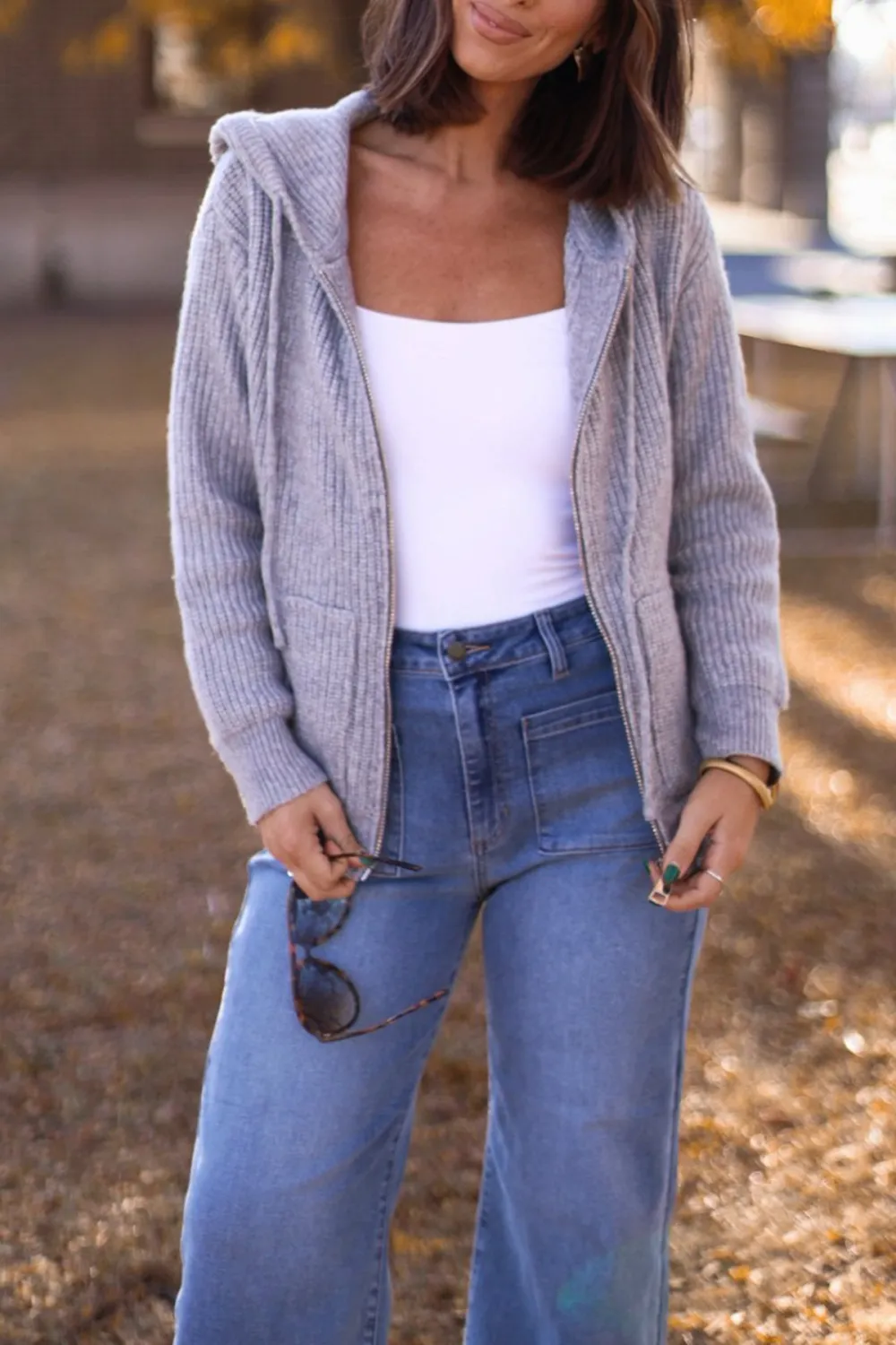 Chunky Heather Grey Zip Up Hooded Sweater