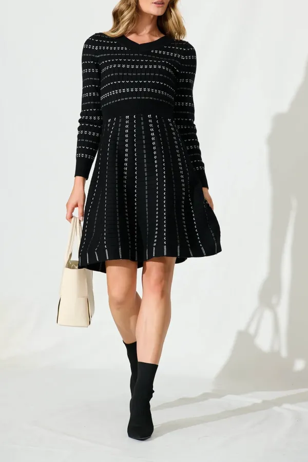 Black Patterned Long Sleeve Knit Dress