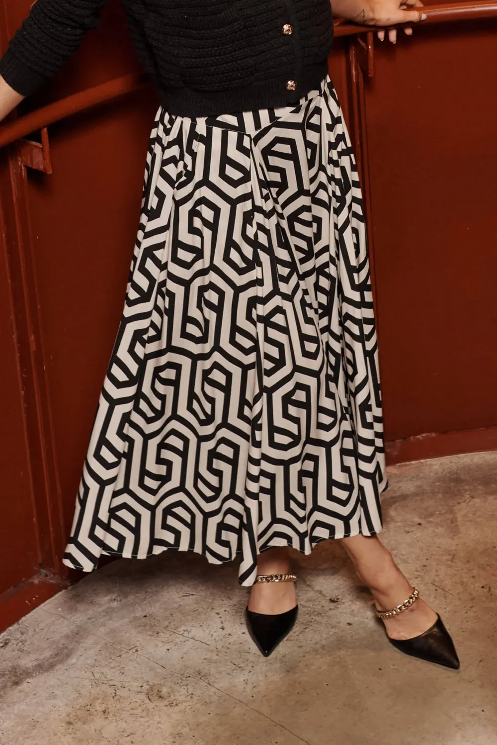 Black Geometric Print Maxi Skirt