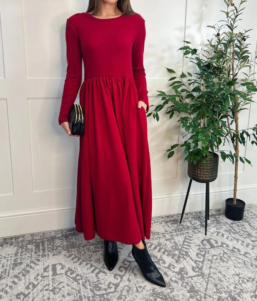 Red Knitted Bodice Midi Dress