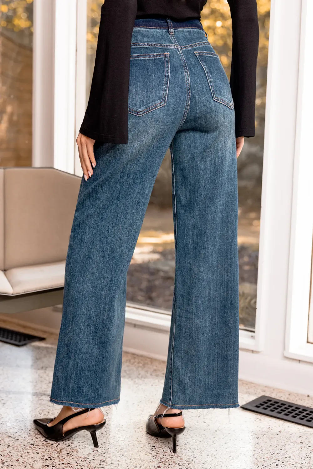 Whiskered Frayed Hem Straight Leg Jeans