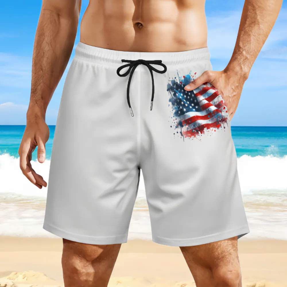 American Flag Watercolor Style Sports Breathable Beach Shorts